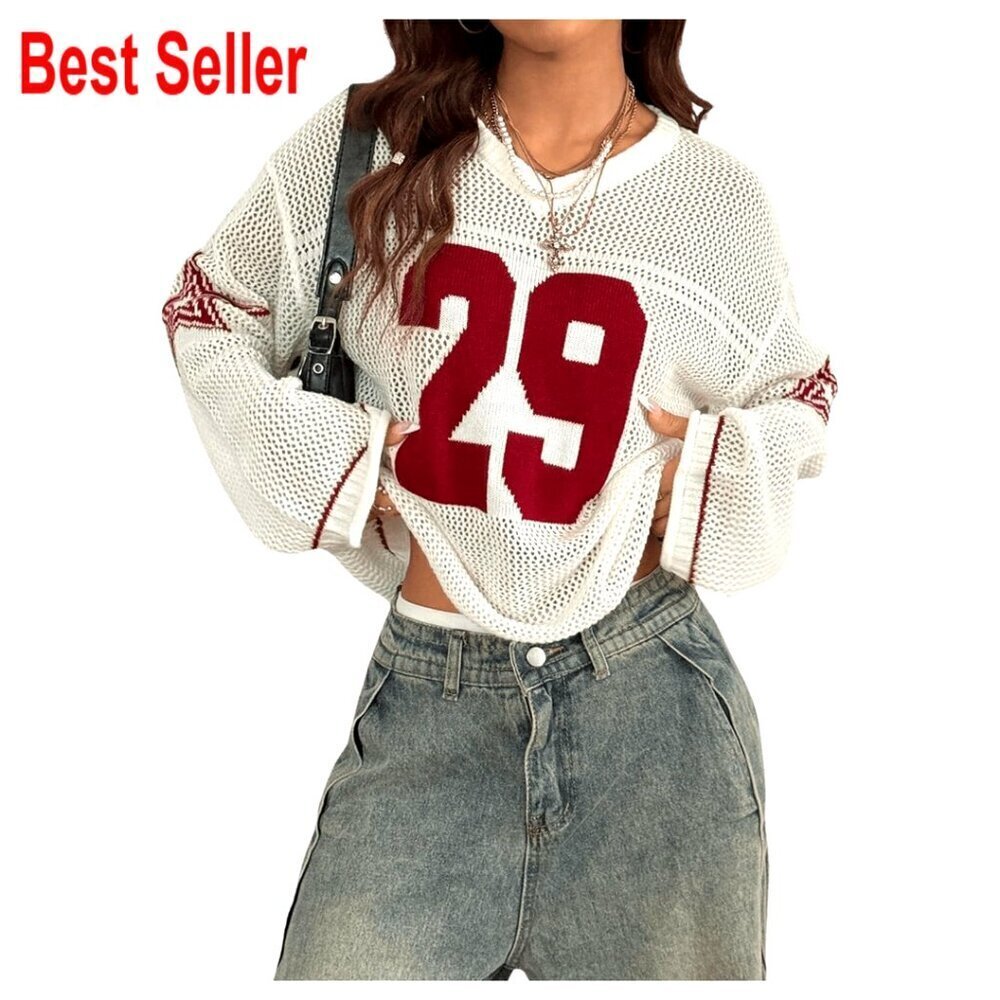 Y2K Graphic Oversized Pullover Sweater V Neck Long Sleeve Knit Top